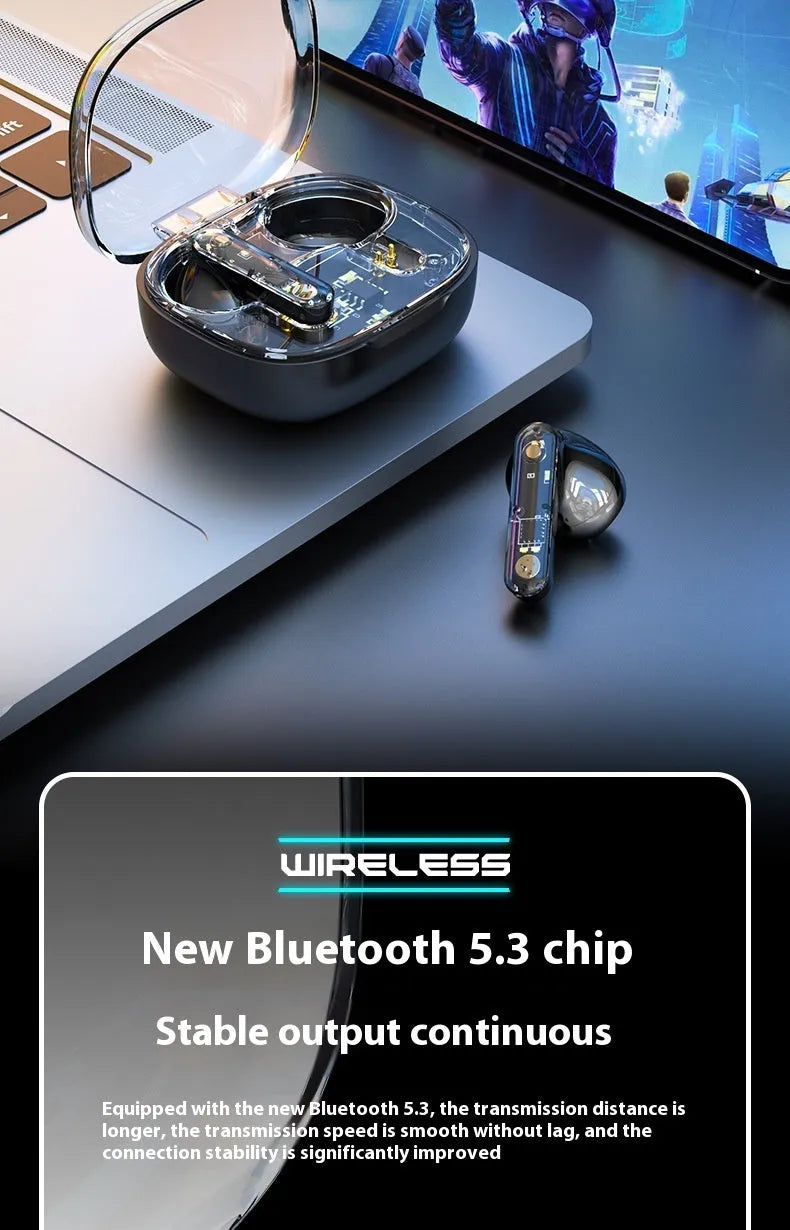 Translucent in-ear Bluetooth headset in clear, transparent black or transparent red, ABS body, V5.3, 300mAh battery.