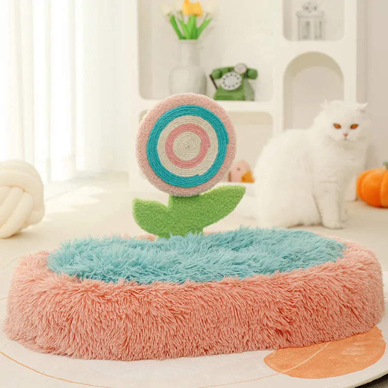 Pink elliptical lollipop design cat bed with thick plush material and removable washable cover