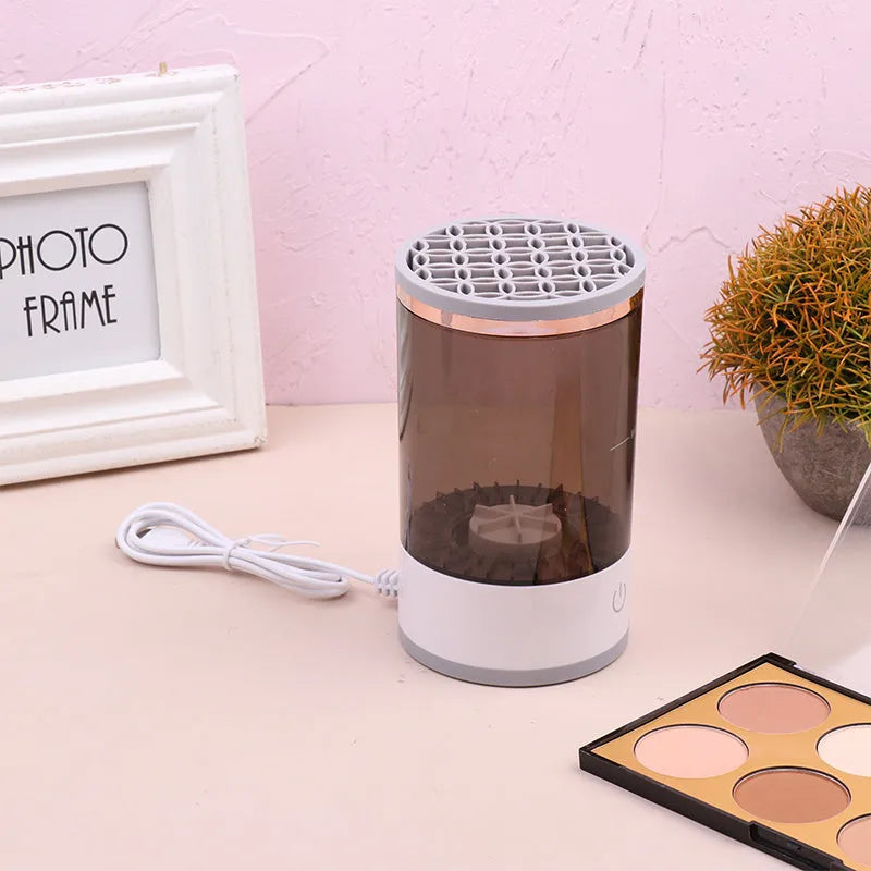 Grey and white electric makeup brush cleaning device with USB charging port