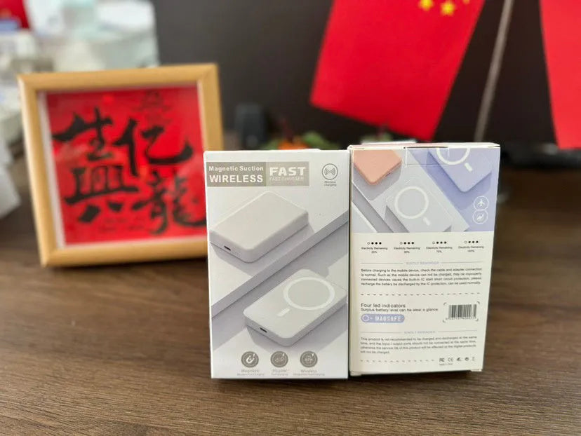 White magnetic wireless power bank showing compact 100x65x16mm dimensions with wireless charging surface