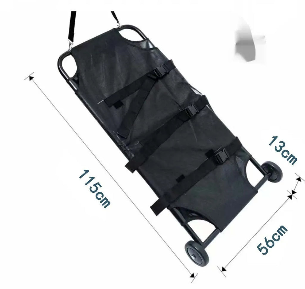 Black aluminium alloy large pet stretcher for emergency dog transfer on a solid background.