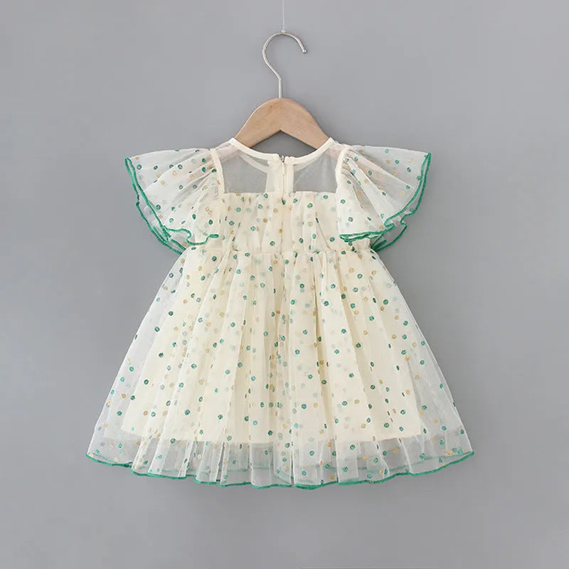 Green strip yellow sleeveless cotton romper dress for girls with A-line skirt design