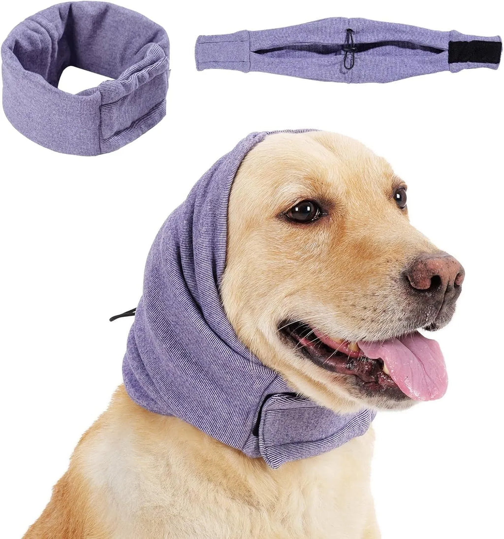 Gray dog calming hoodie ear wrap with adjustable fit for noise protection and anxiety relief