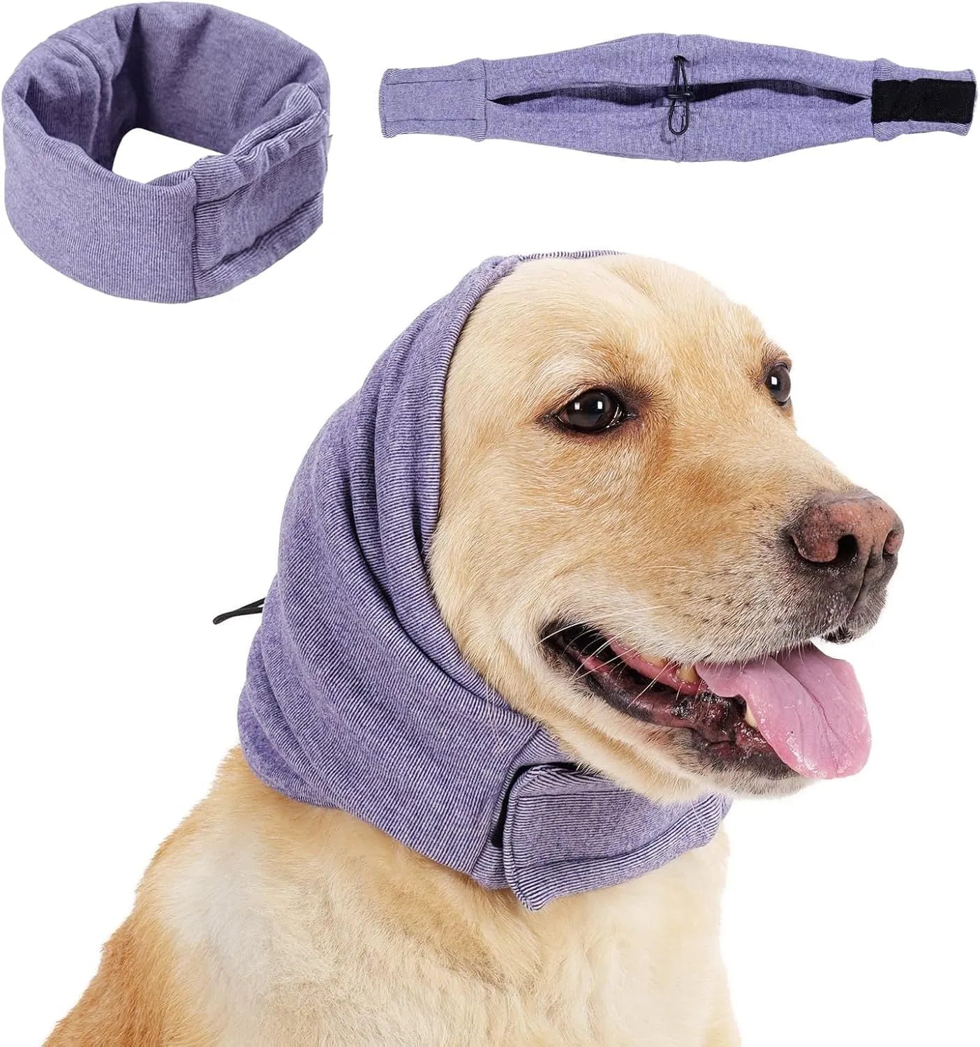 Gray dog calming hoodie ear wrap with adjustable fit for noise protection and anxiety relief