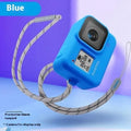 GoPro Hero 8 Black camera with blue silicone protective sleeve and attached wrist strap.