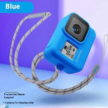 GoPro Hero 8 Black camera with blue silicone protective sleeve and attached wrist strap.