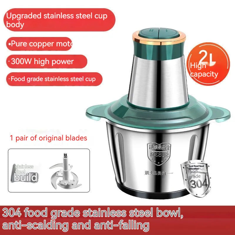 300W electric meat grinder with 2L stainless steel bowl, green and silver finish, 20.2 x 28.8cm
