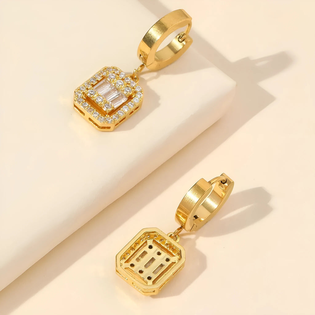 Gold octagon titanium steel earrings with zircon mosaic and buckle design, retro fashion OL style, one pair