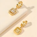 Gold octagon titanium steel earrings with zircon mosaic and buckle design, retro fashion OL style, one pair