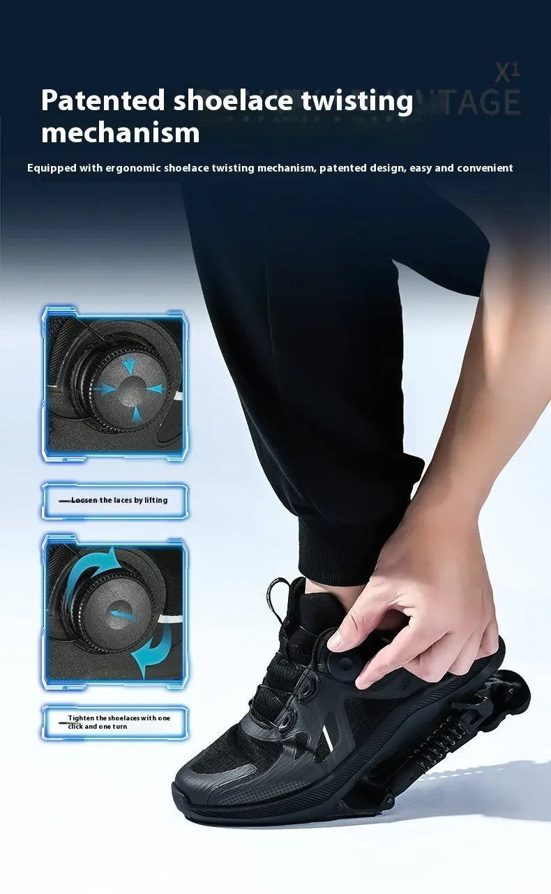 Black mesh mechanical running shoes with a buckle fastening and a mid-top design on an EVA rubber sole.