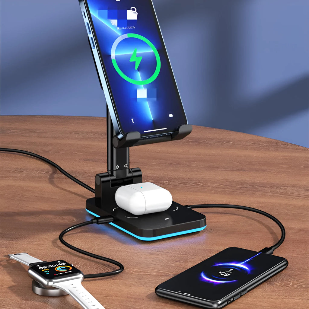 Cool black desktop wireless charging stand holding a mobile phone upright.