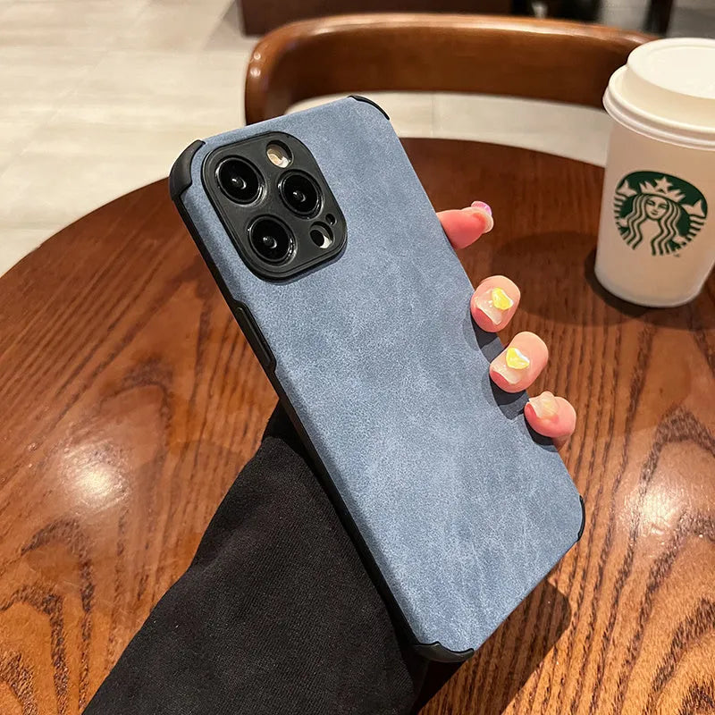 Simple solid colour fur phone case in black for iPhone, imitation leather texture with slim design