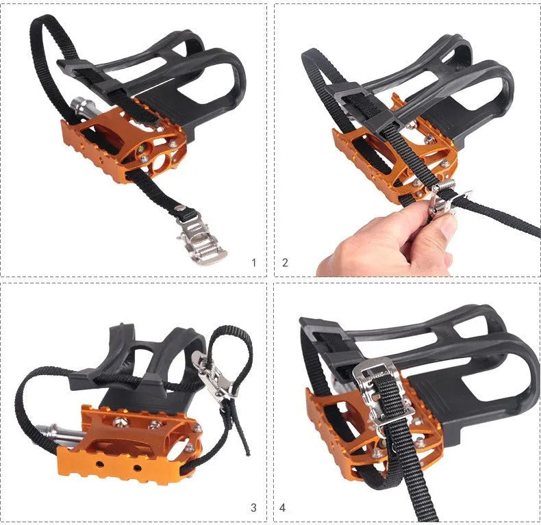 Fitness spinning pedal foot holder rope kit with plastic sets, metal bolts, and flange nuts on black background