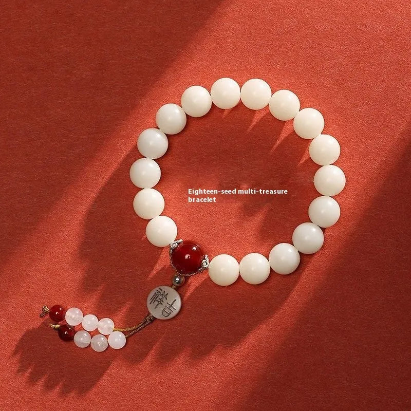 White jade bodhi couple's bracelet with 10mm beads and traditional Ruyi charm