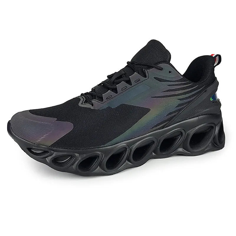 Men's casual sports shoes with mesh upper, round toe, lace-up design in black, white, and dark blue colours