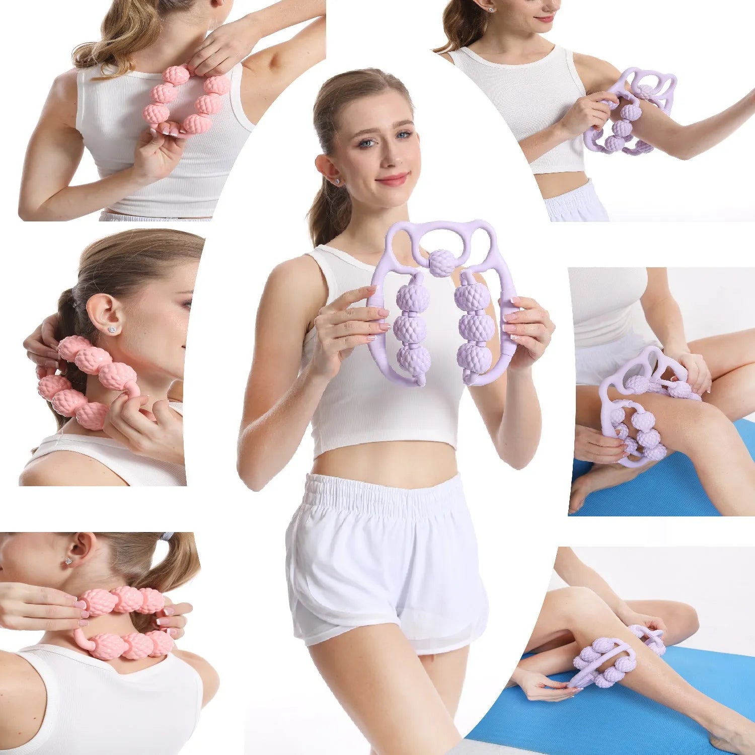 Double row ring clip leg massager in pink, green, or purple with ten three rounds massage rollers