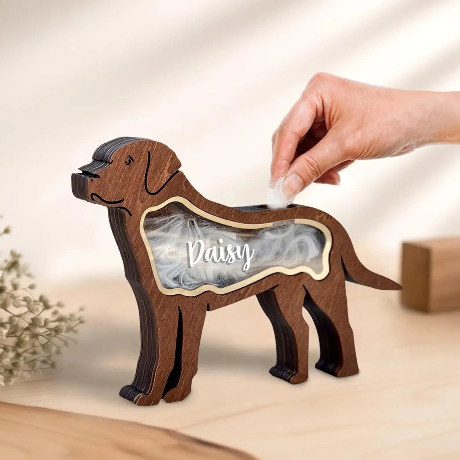 Black wooden box for storing pet grooming tools and brushes.