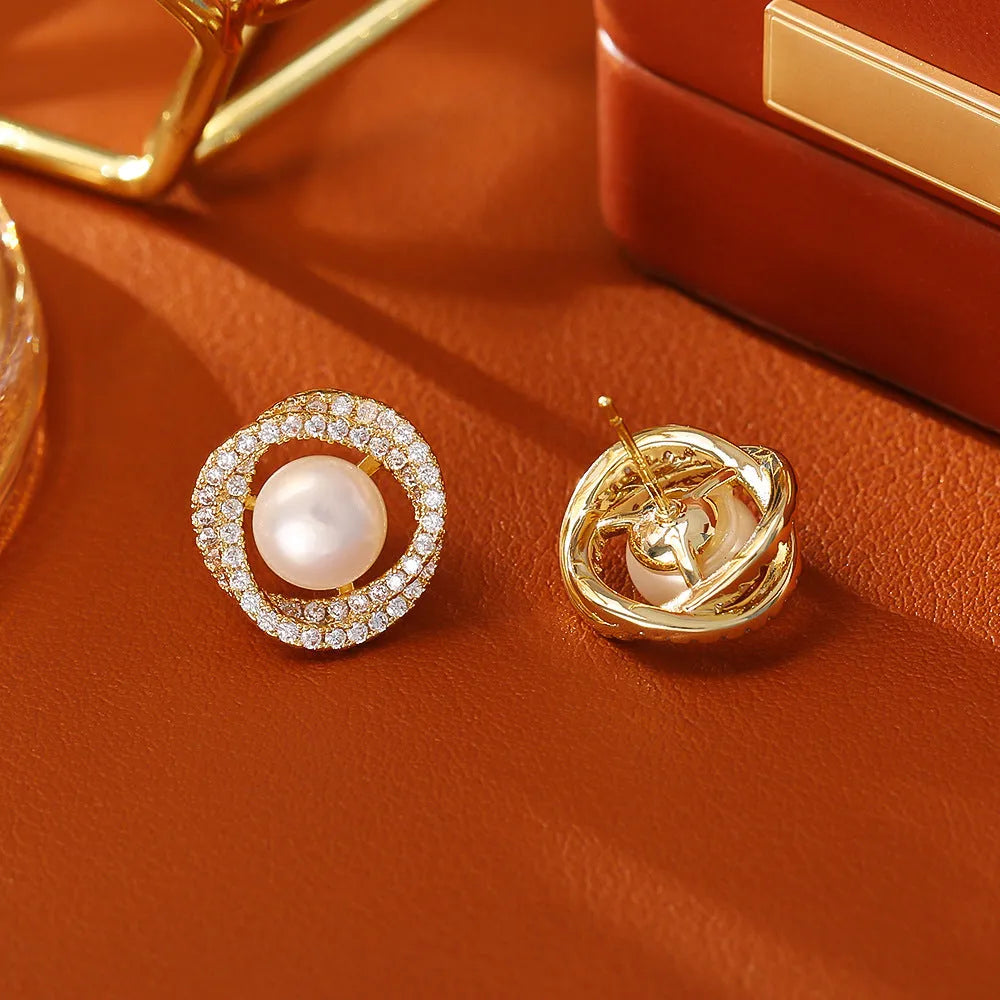 Natural pearl winding ear studs, real gold plated copper, round geometric shape for women