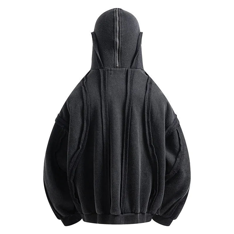 Black retro-style hooded cotton coat with an abstract pattern, shown with a zip and loose cardigan fit.