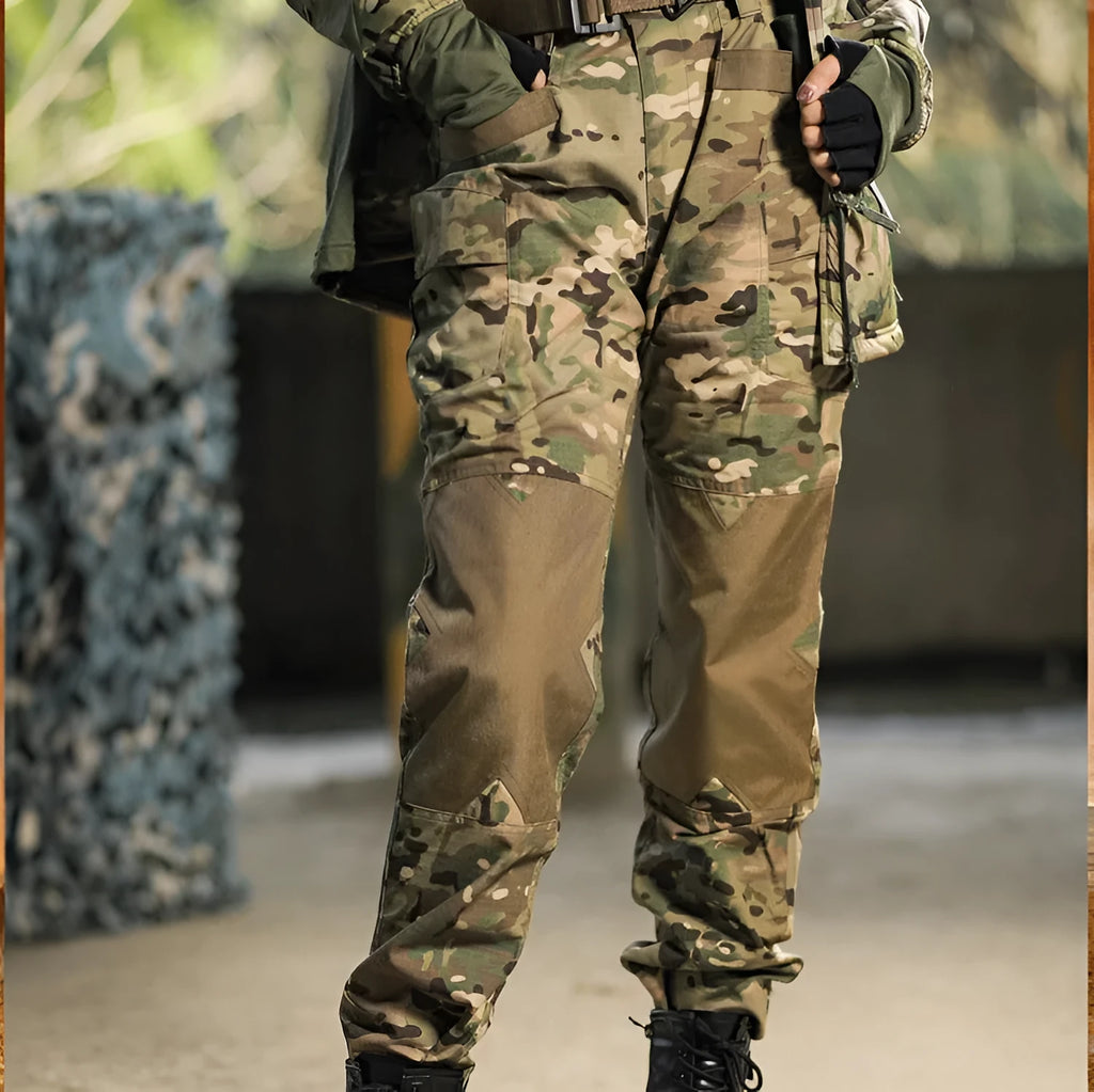 Quartermaster camouflage tactical pants in CP camouflage pattern, slim fit with belt loops and multiple pockets on light background