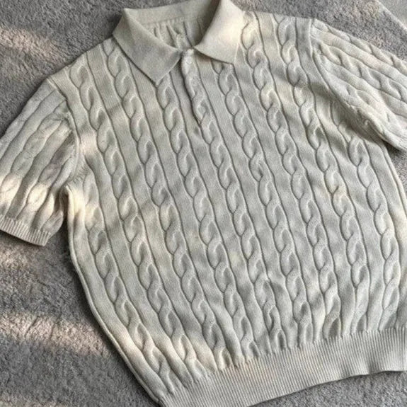 Grey knitted cotton summer T-shirt with short sleeves in youth style