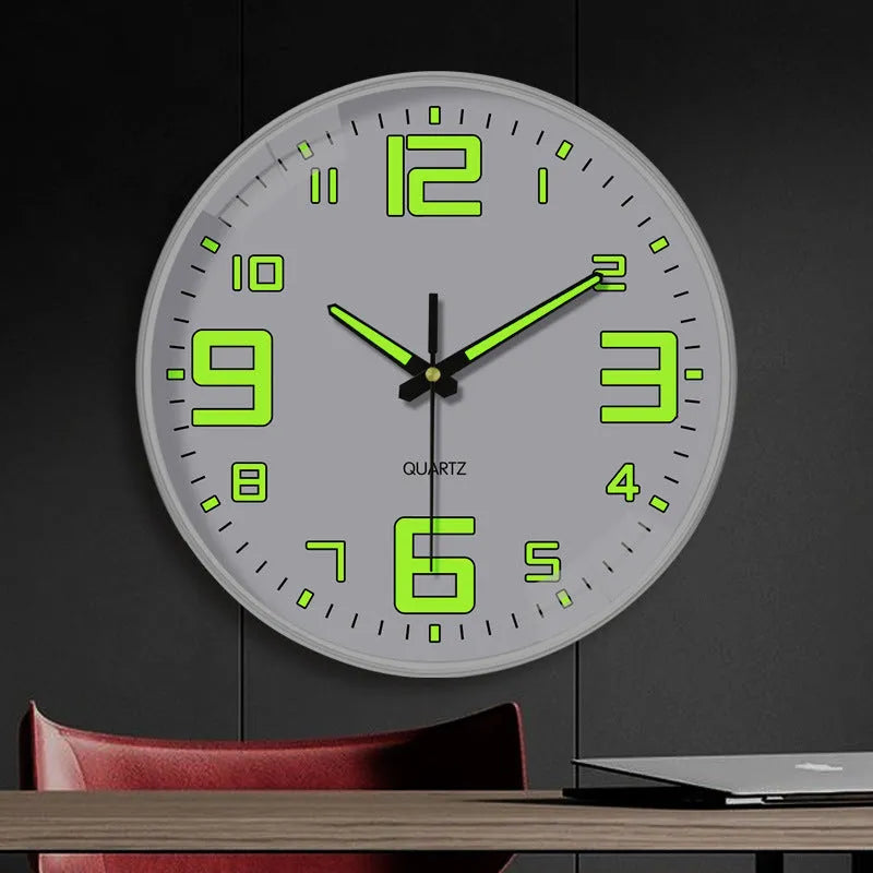 Modern white 8 inch wall clock with luminous numerals on plastic shell