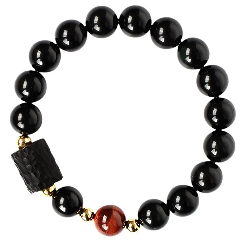 Obsidian bracelet with 10mm yellow tiger eye beads for men and women