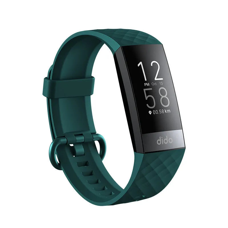 Y6 Black smart health bracelet with 1.1-inch screen on a wrist, showing blood pressure and heart rate data display.
