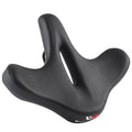 Black leather bicycle saddle cushion with polyurethane foam padding on a bike seat.