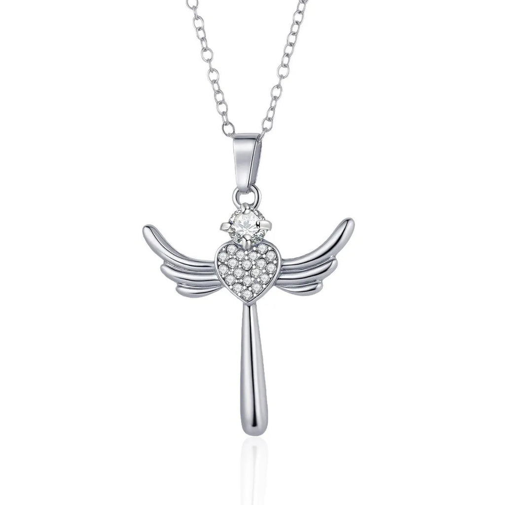 Silver heart-shaped angel wings pendant clavicle chain necklace with cross elements on display
