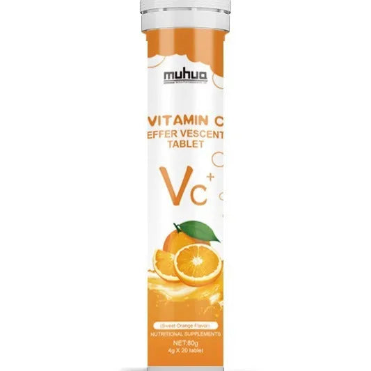 Vitamin C effervescent tablets 80g tube with 20 tablets in blueberry, orange, or peach flavour