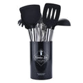 Seven-piece silicone kitchenware set includes spatula, colander, egg beater and other utensils with stainless steel tube handles in red colour