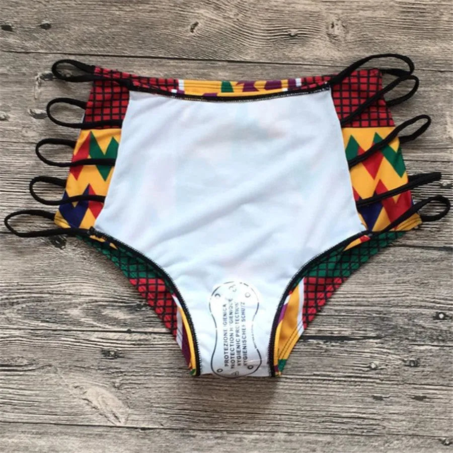 Women's high-waist bikini swimsuit with digital printing, showing top and quick-dry shorts.