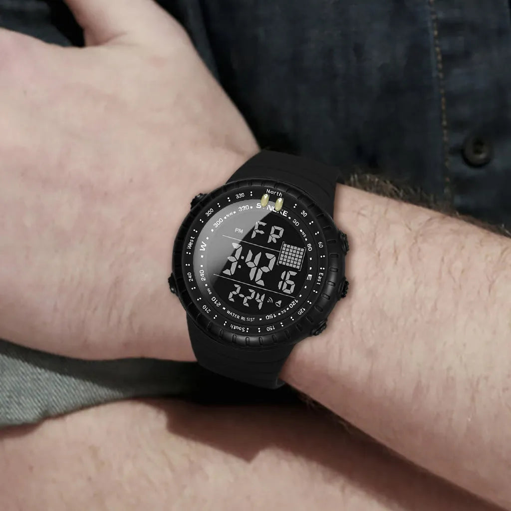 Black waterproof men's electronic watch with large dial on adjustable PU strap.