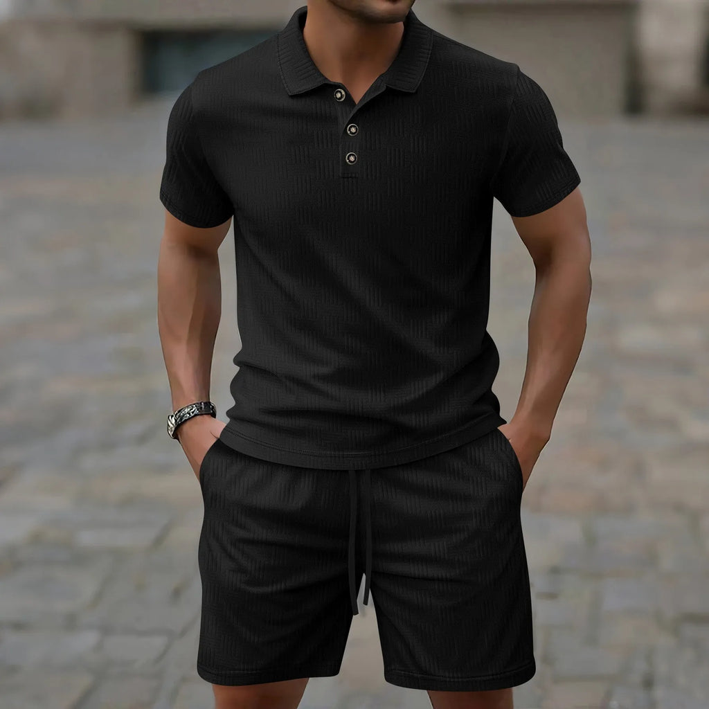 Men's Jacquard polyester short sleeve casual suit in solid colour with matching shorts