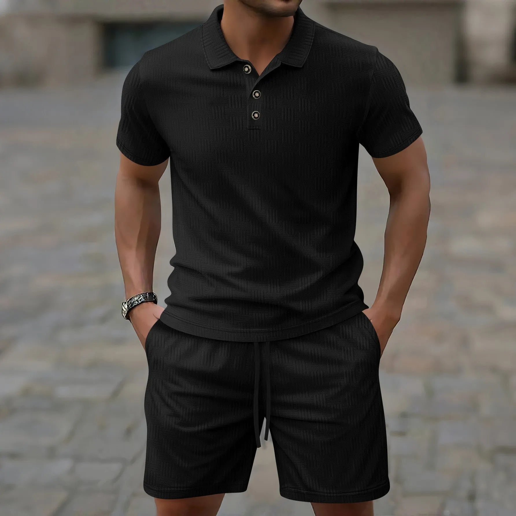 Men's Jacquard polyester short sleeve casual suit in solid colour with matching shorts