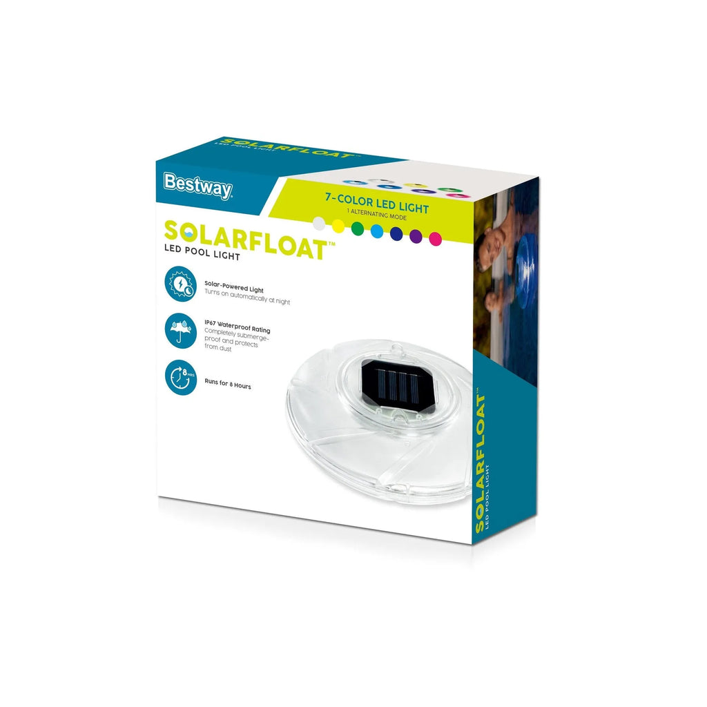 Bestway 58111 solar floating light floating on pool water surface with sunlight reflecting