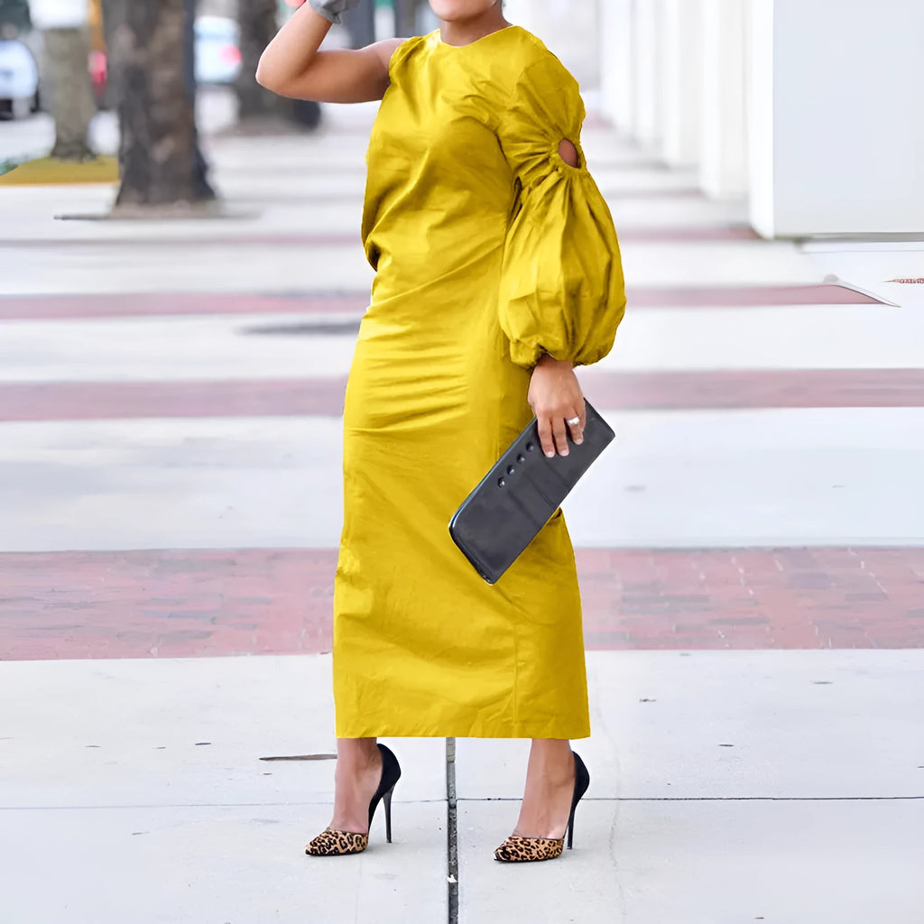 Women's solid colour single-sleeve long dress with elastic waist and side slit in army green
