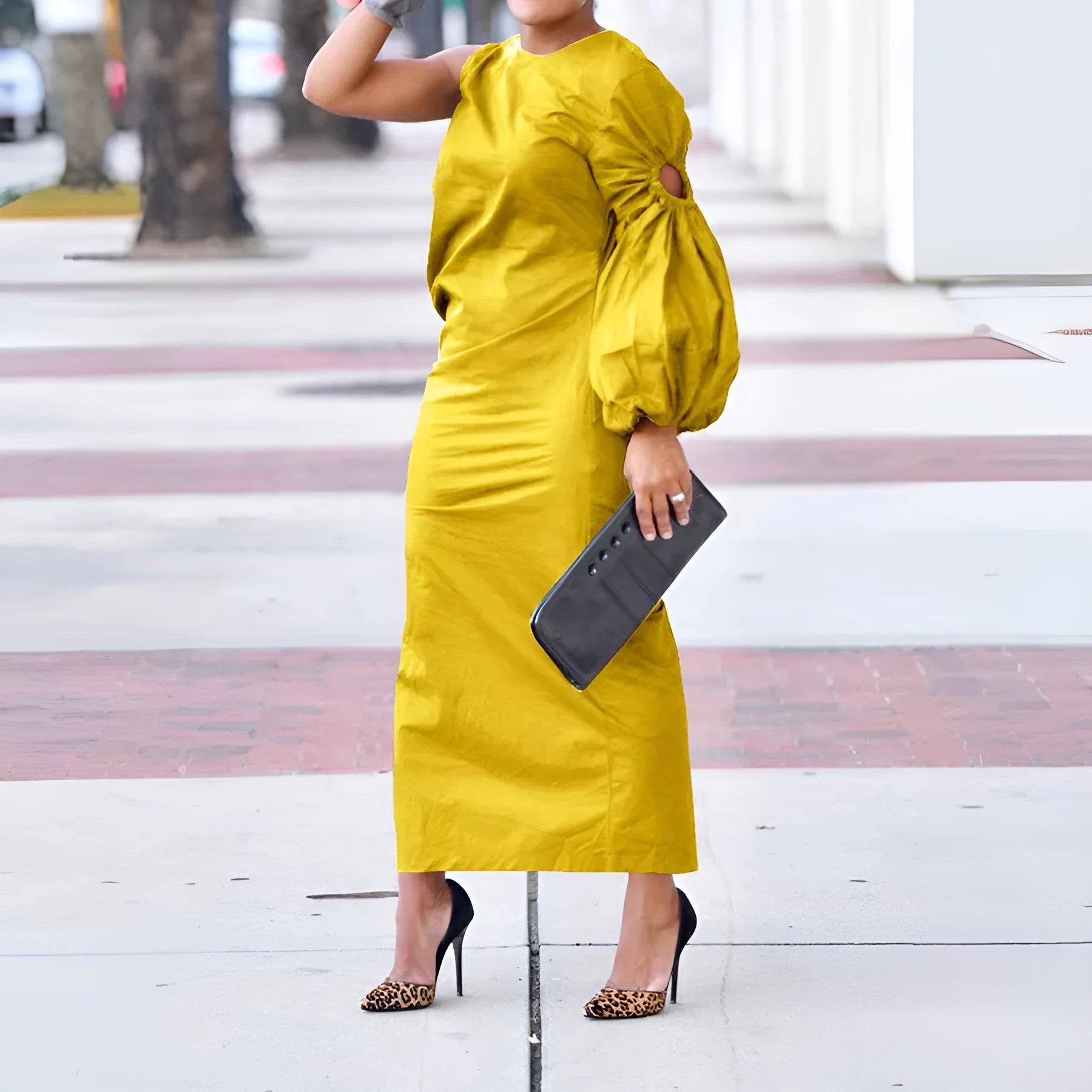 Women's solid colour single-sleeve long dress with elastic waist and side slit in army green