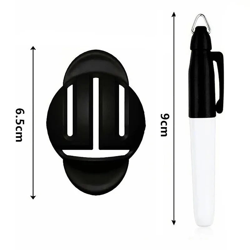 Plastic golf putting alignment tool with scriber bases and blue drawing pens on a practice putting mat.