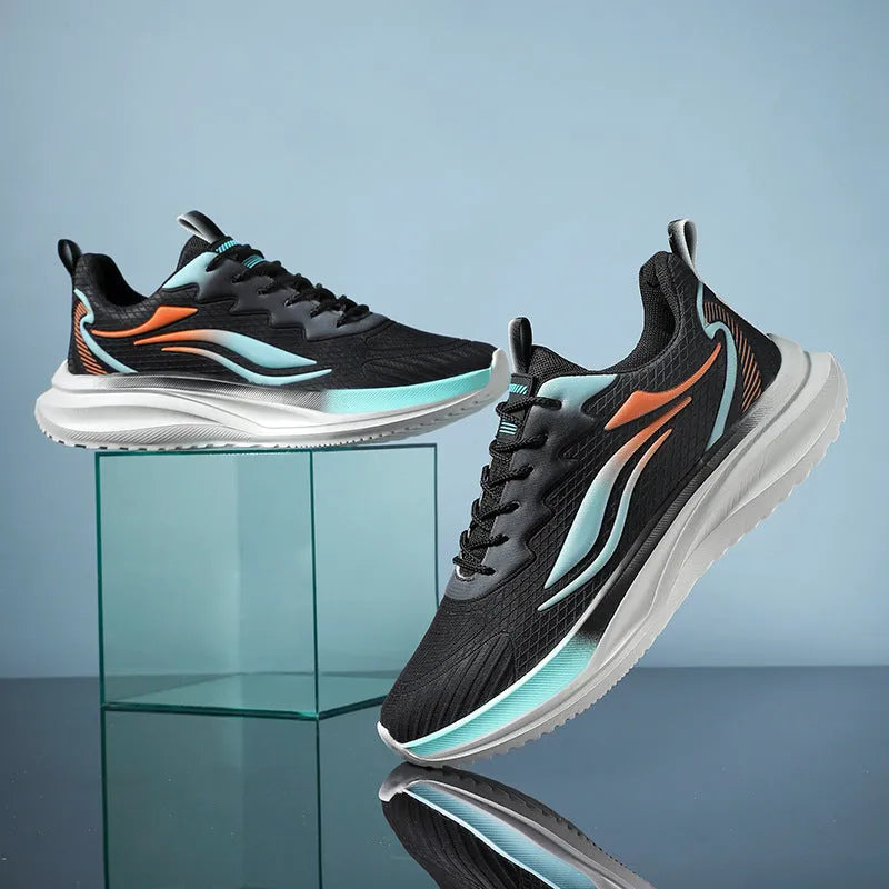 Men's lightweight sports shoes synthetic leather flat heel solid colour blue side view