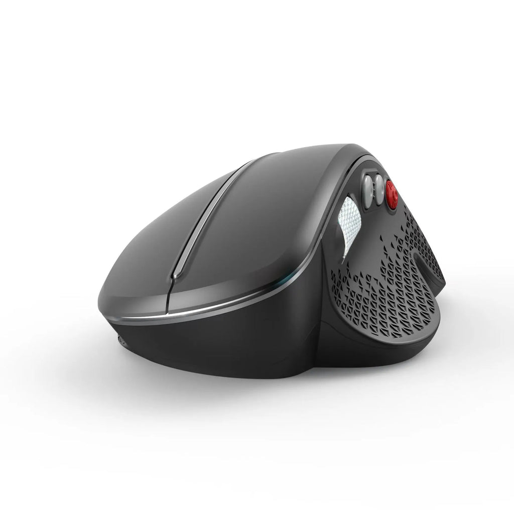 T32 wireless vertical ergonomic mouse in black matte texture showing aluminium side roller and 2.4GHz USB receiver.