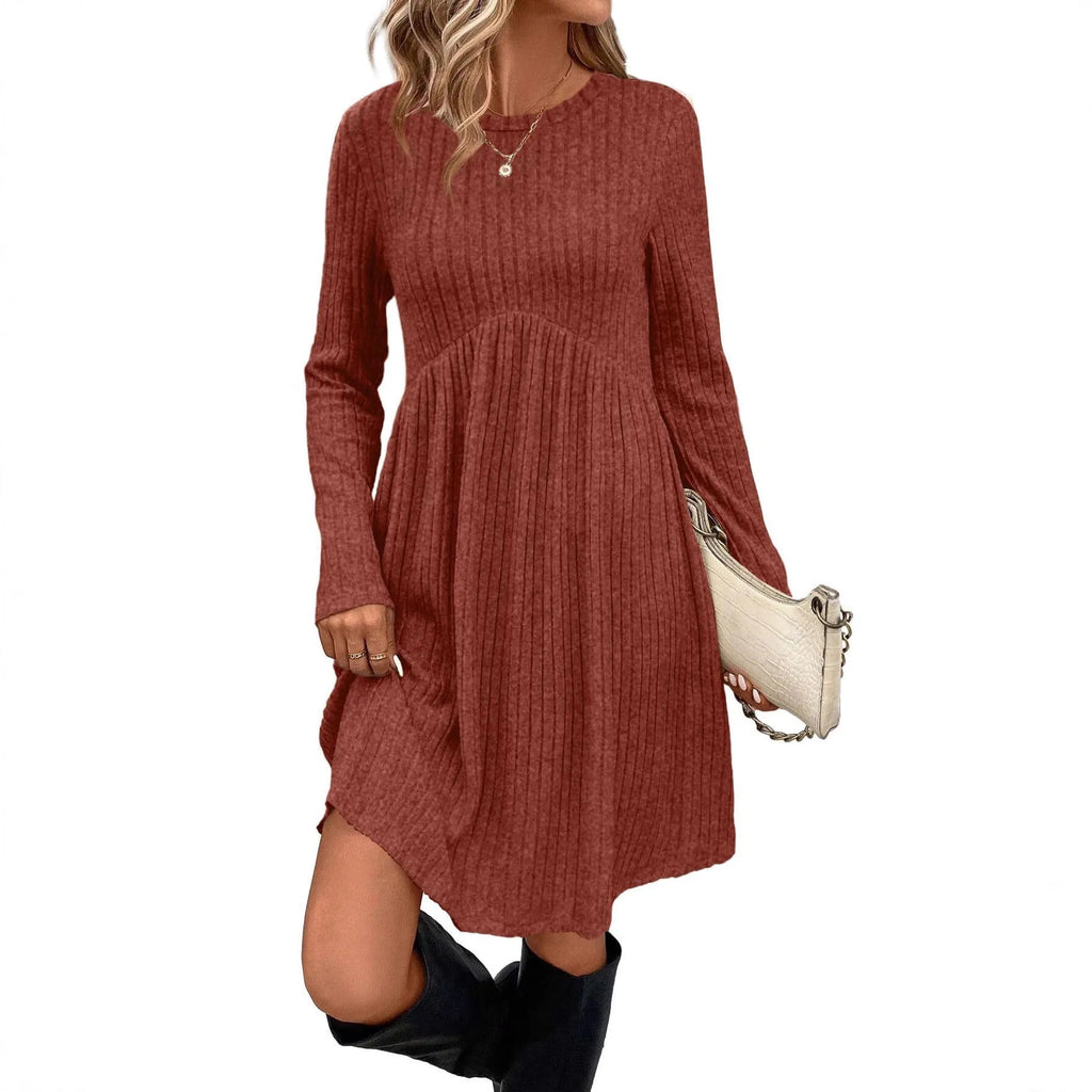 Women's bohemian brushed sunken stripe princess dress with wide waist in solid colour, mid skirt length, sizes S-XXL.