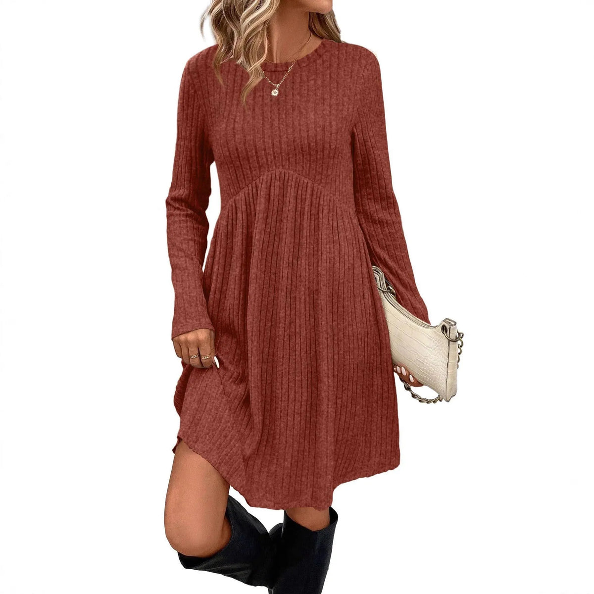 Women's bohemian brushed sunken stripe princess dress with wide waist in solid colour, mid skirt length, sizes S-XXL.