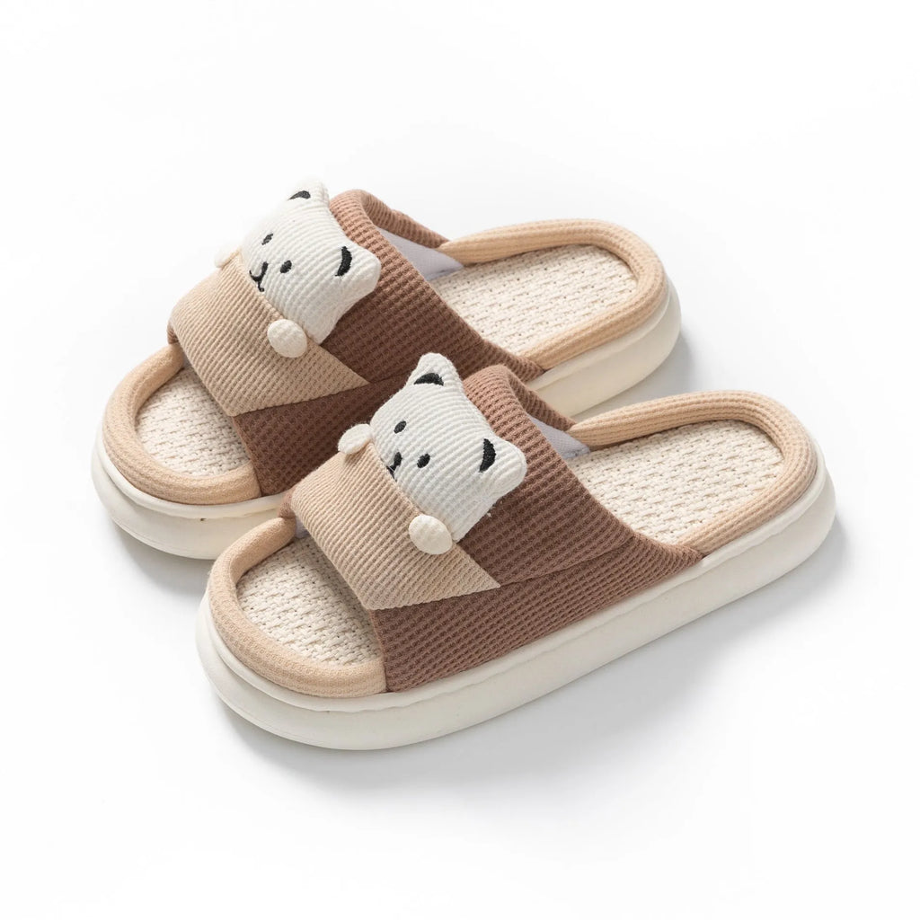 Cartoon bear women's house slippers with thick mute sole in blue, brown, green, pink, and yellow