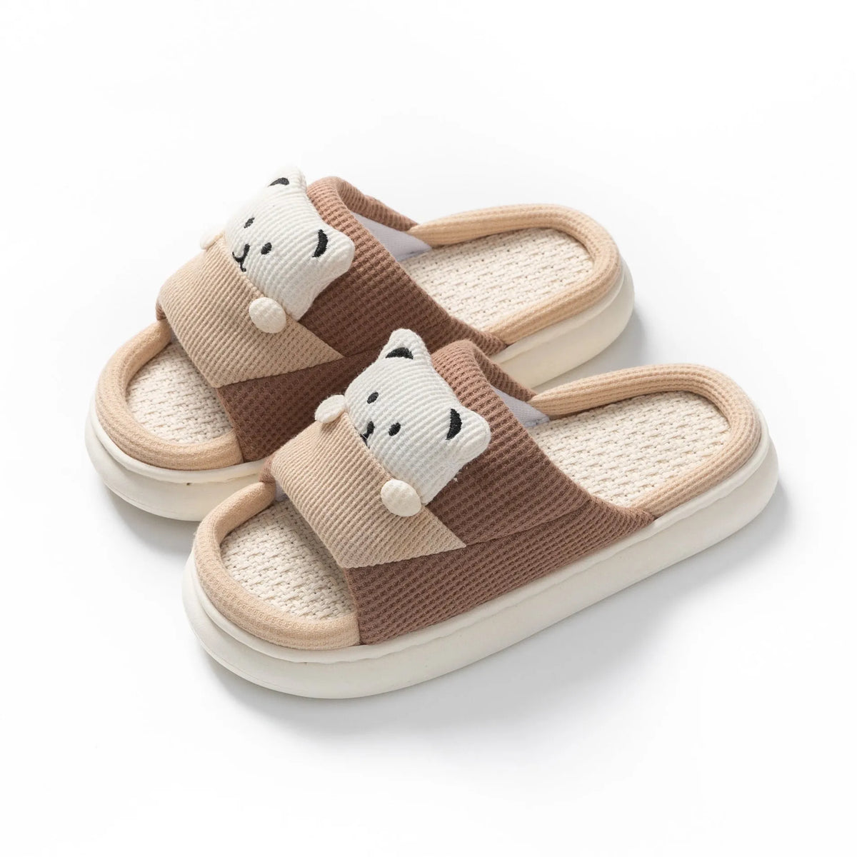 Cartoon bear women's house slippers with thick mute sole in blue, brown, green, pink, and yellow