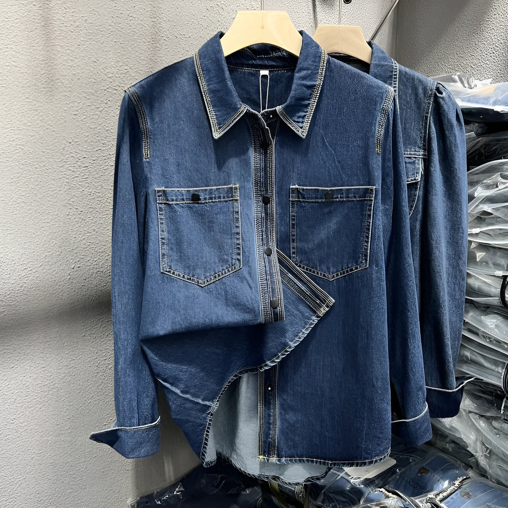 Layered retro denim top for women, long sleeves, polyester, available in sizes S to 2XL