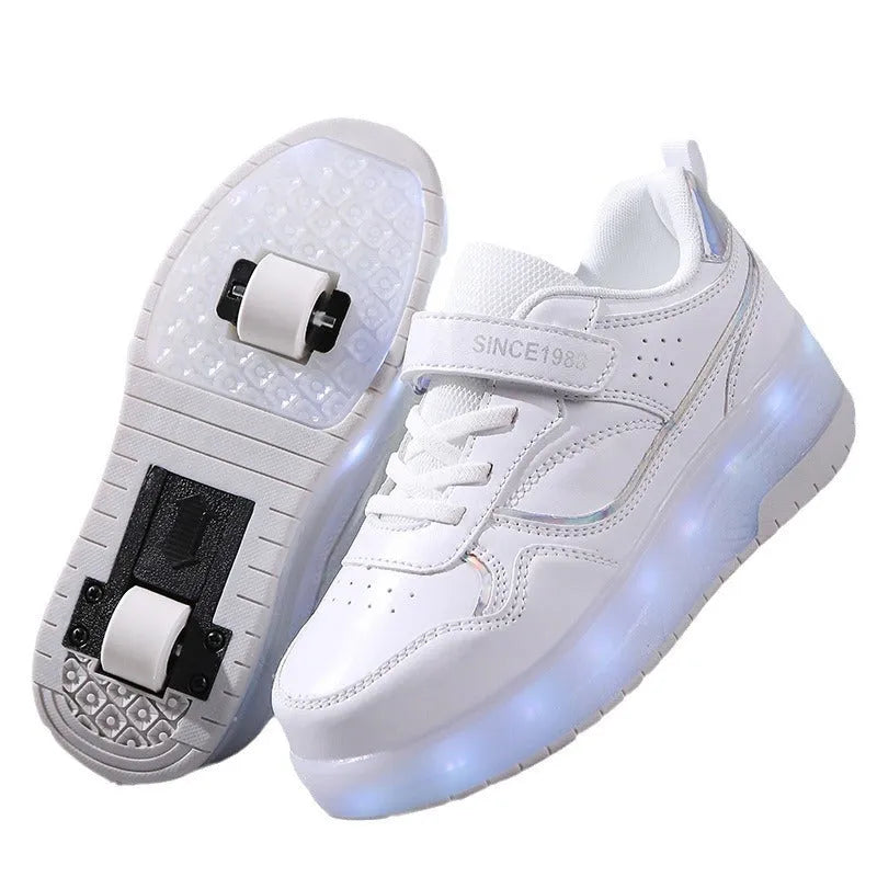 Boys and girls charging flash roller skates with LED light wheels in pink colour