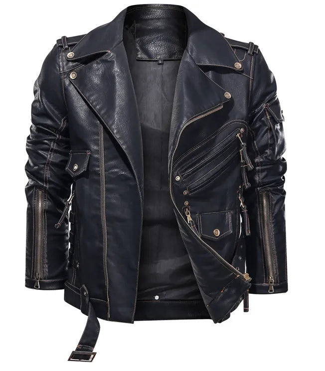 Men's black PU leather coat jacket with zip front and lapel collar, sizes S to 5XL