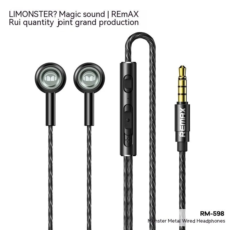 RM711 metal wired e-sports earphones with round hole design in black, green, and silvery, compatible with Type-C and Lightning connectors.